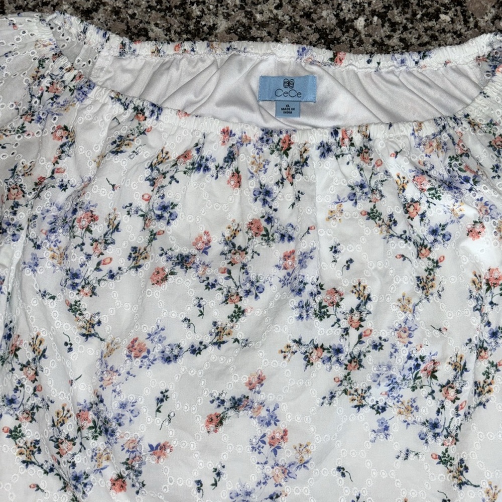 CeCe balloon puffy sleeves blouse eyelet floral pattern white lined body Sz XL - Picture 6 of 14